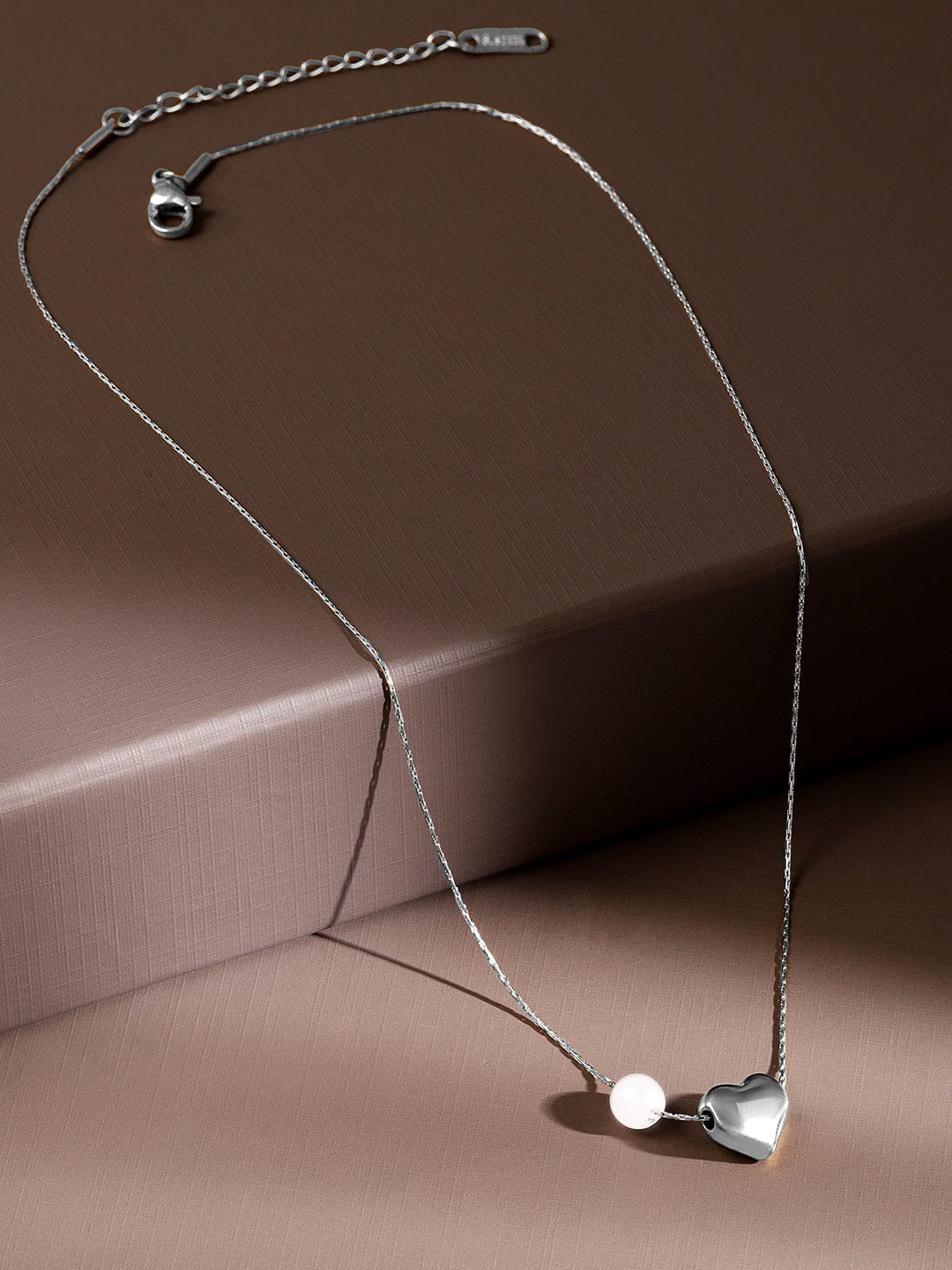 Rubans Rhodium-Plated Stainless Steel Tarnish Free Waterproof Heart & Pearl Pendant Necklace