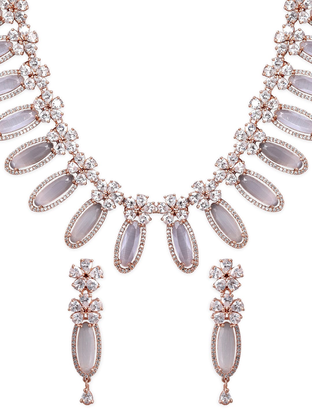 Rubans Rose Gold Plated White Beads American Diamond Necklace Set.