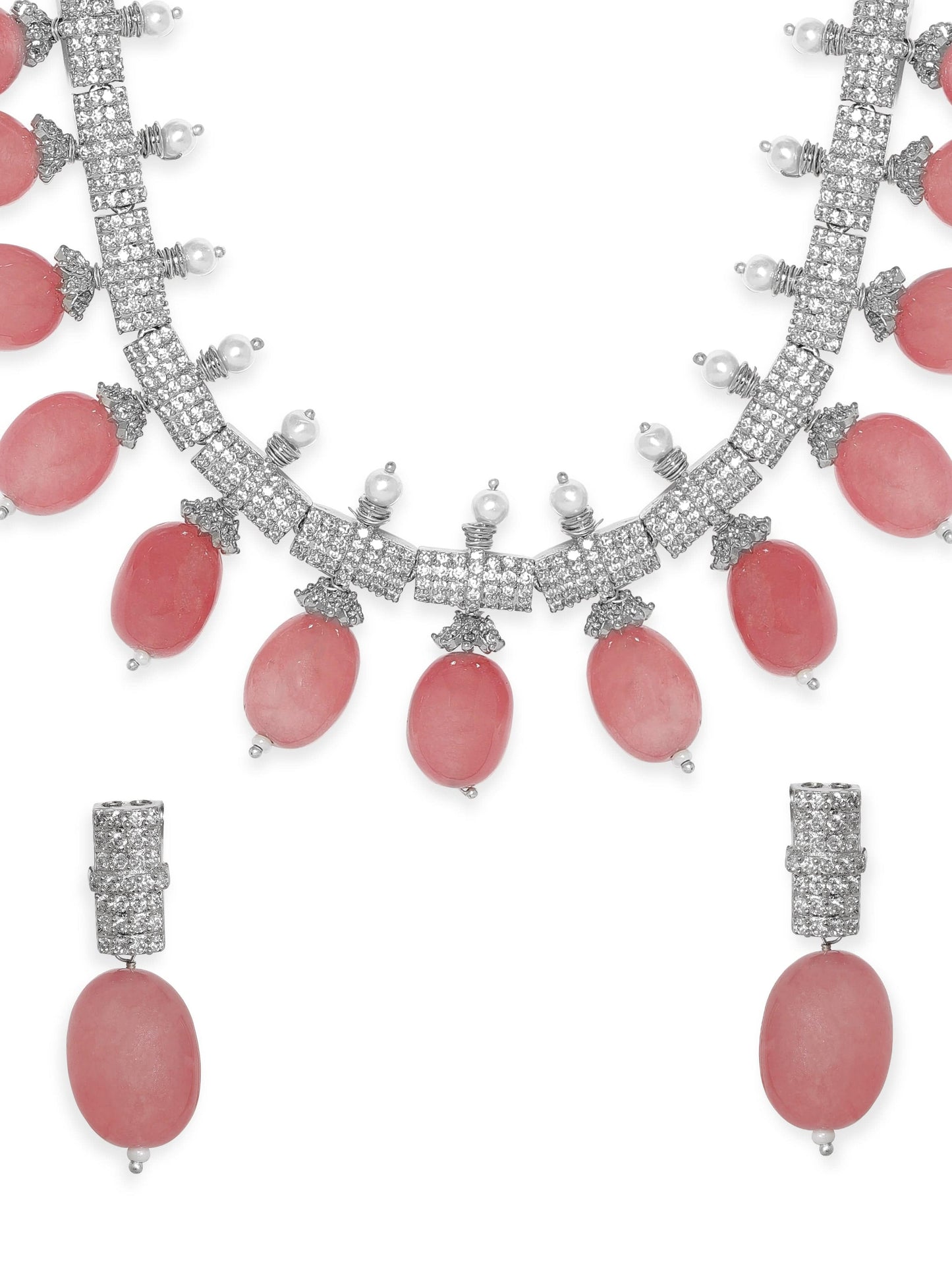 Rubans Rose Petal Elegance: Pink Beaded AD Necklace Set