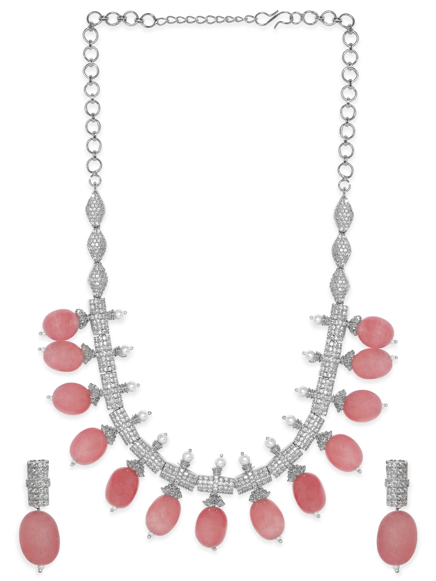 Rubans Rose Petal Elegance: Pink Beaded AD Necklace Set