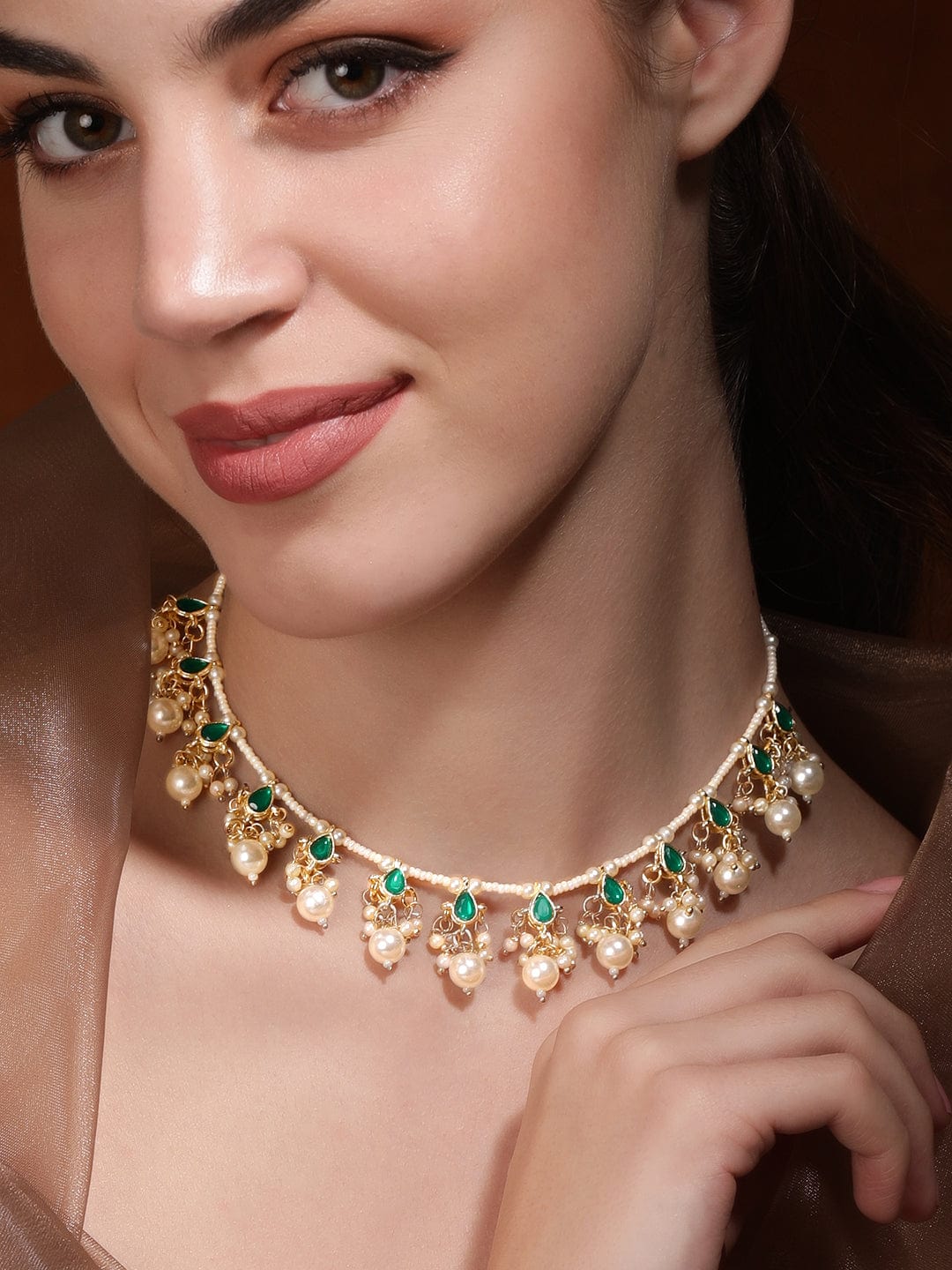Rubans Serene Harmony Green Stone White Pearl Necklace