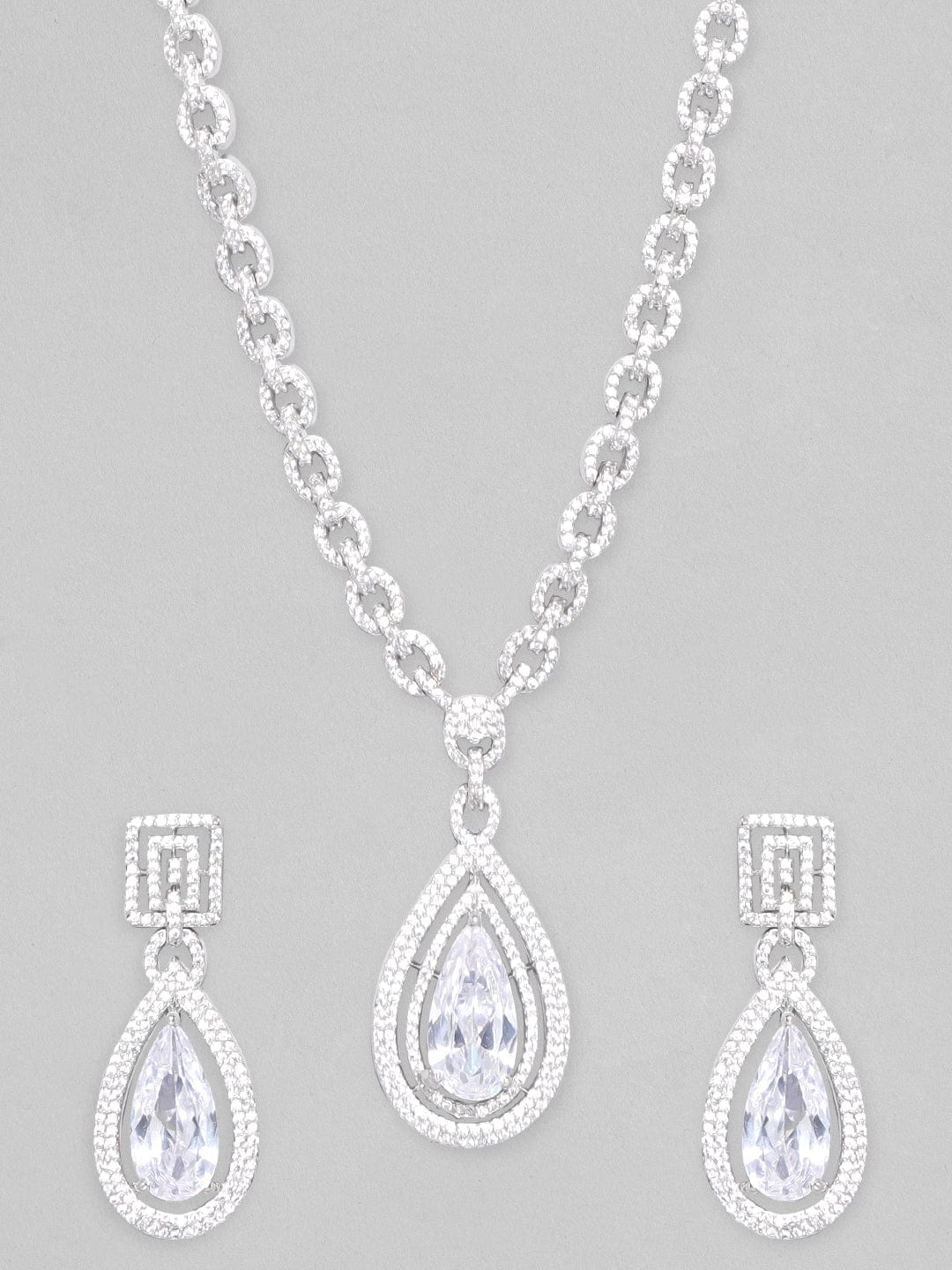 Rubans Silver-Plated AD Studded Necklace Jewellery Set