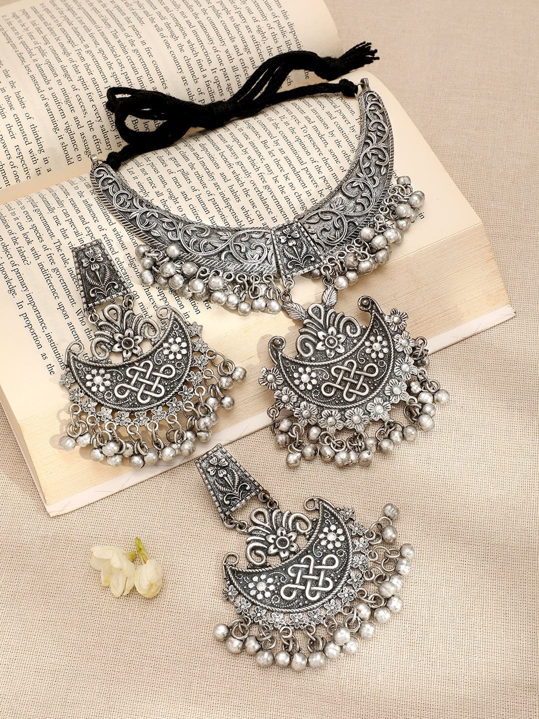 Rubans Oxidized Silver-Plated Crescent Motif Choker Necklace Set with Silver Beads & Floral & Intricate Detailing