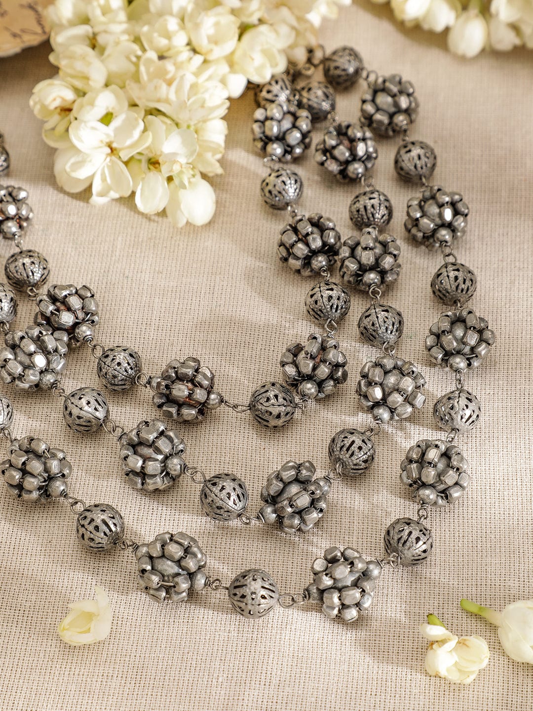 Rubans Oxidized Silver-Plated Triple-Layered Floral Bead Statement Necklace for Women