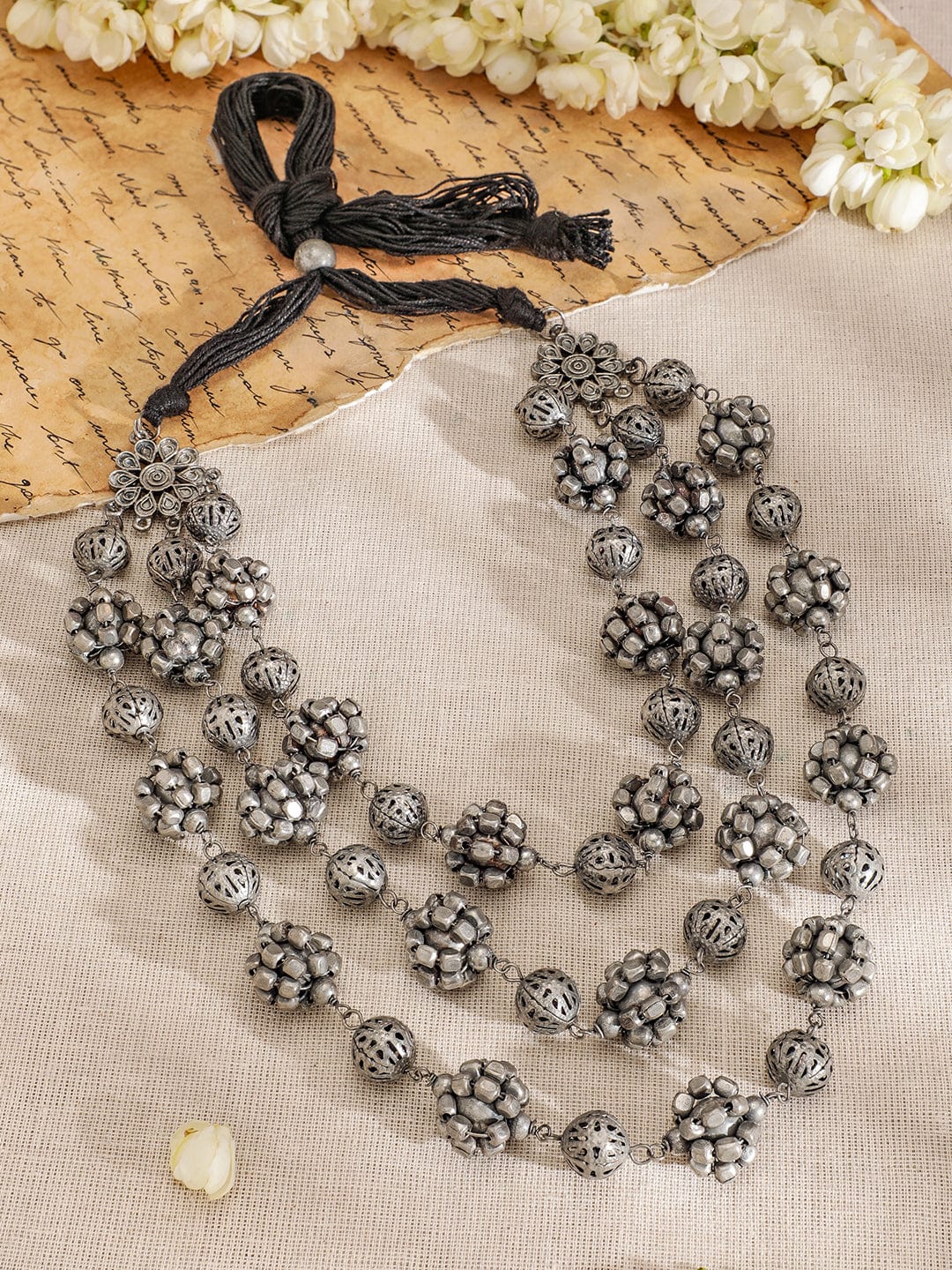 Rubans Oxidized Silver-Plated Triple-Layered Floral Bead Statement Necklace for Women