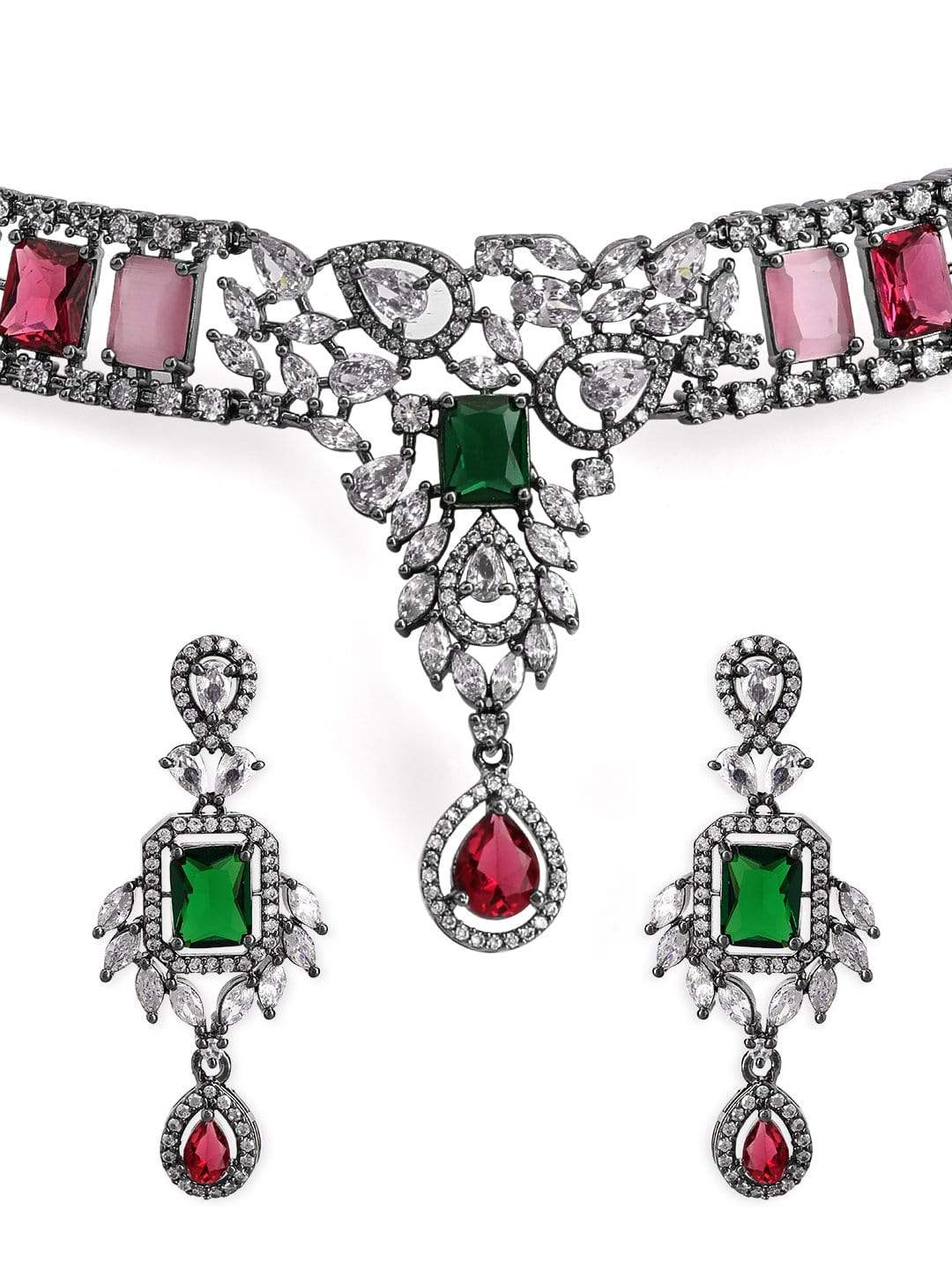 Rubans Silver Plated Multicoloured Stone Studded American Diamond Necklace Set.