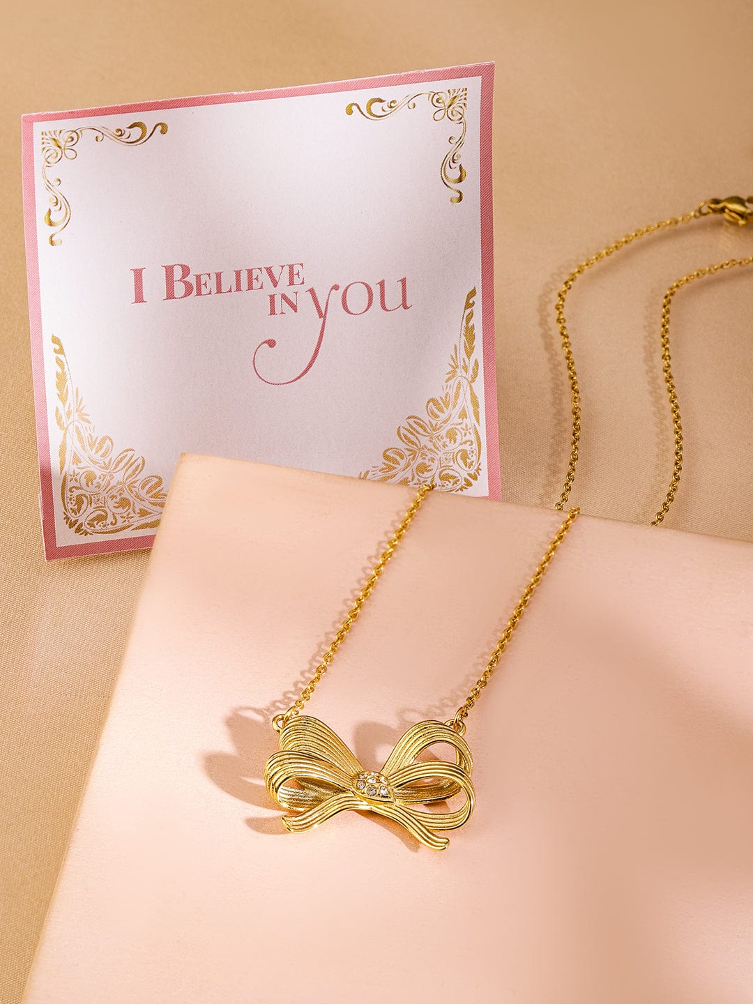 Rubans Voguish 18K Gold Plated Stainless Steel Tarnish-Free Waterproof Bow Pendant Necklace