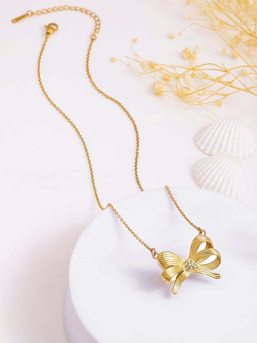 Rubans Voguish 18K Gold Plated Stainless Steel Tarnish-Free Waterproof Bow Pendant Necklace