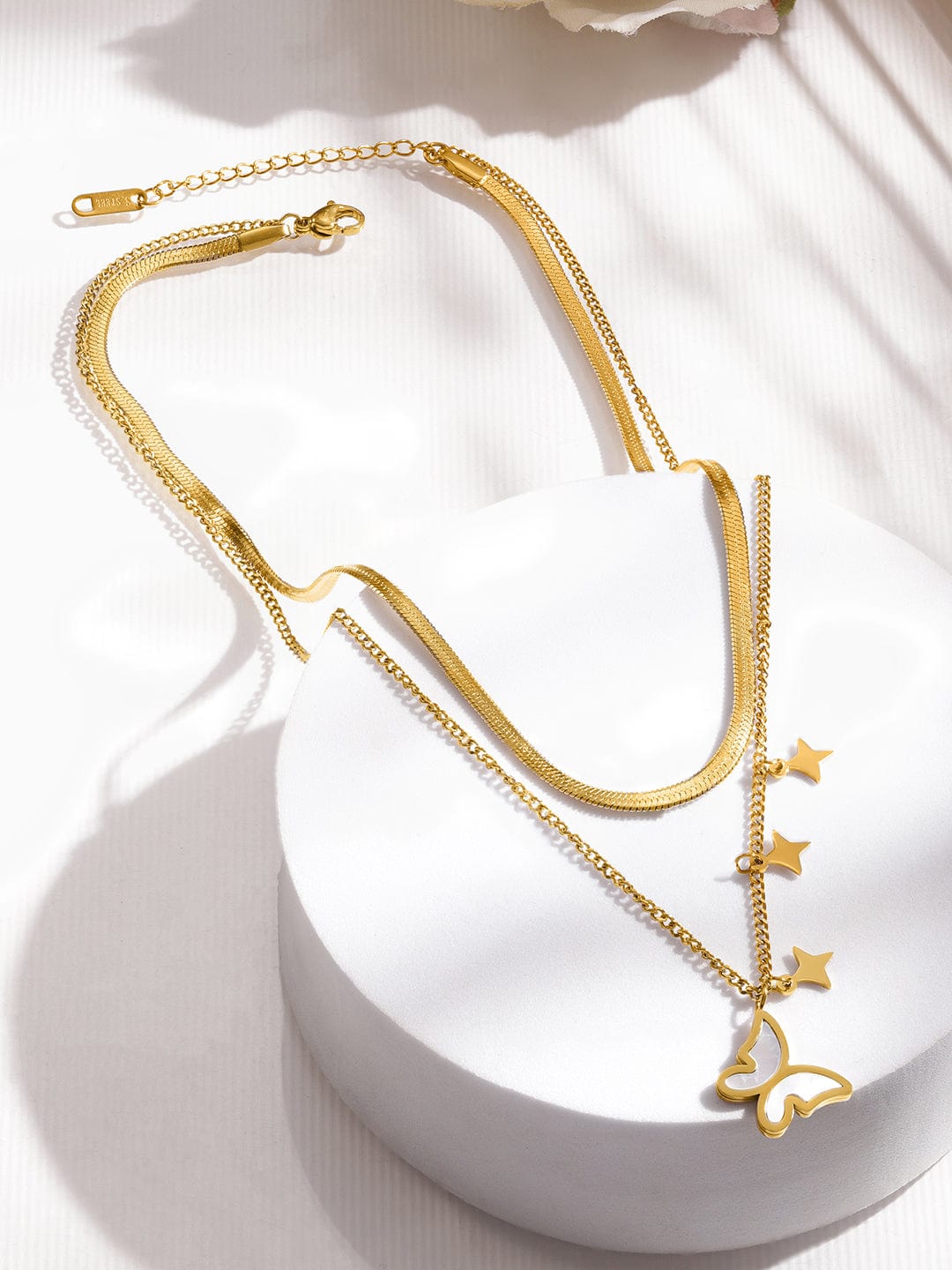 Rubans Voguish 18K Gold-Plated Stainless Steel Tarnish Free Waterproof Butterfly & Star Pendant Layered Necklace