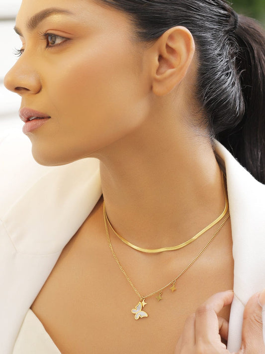 Rubans Voguish 18K Gold-Plated Stainless Steel Tarnish Free Waterproof Butterfly & Star Pendant Layered Necklace