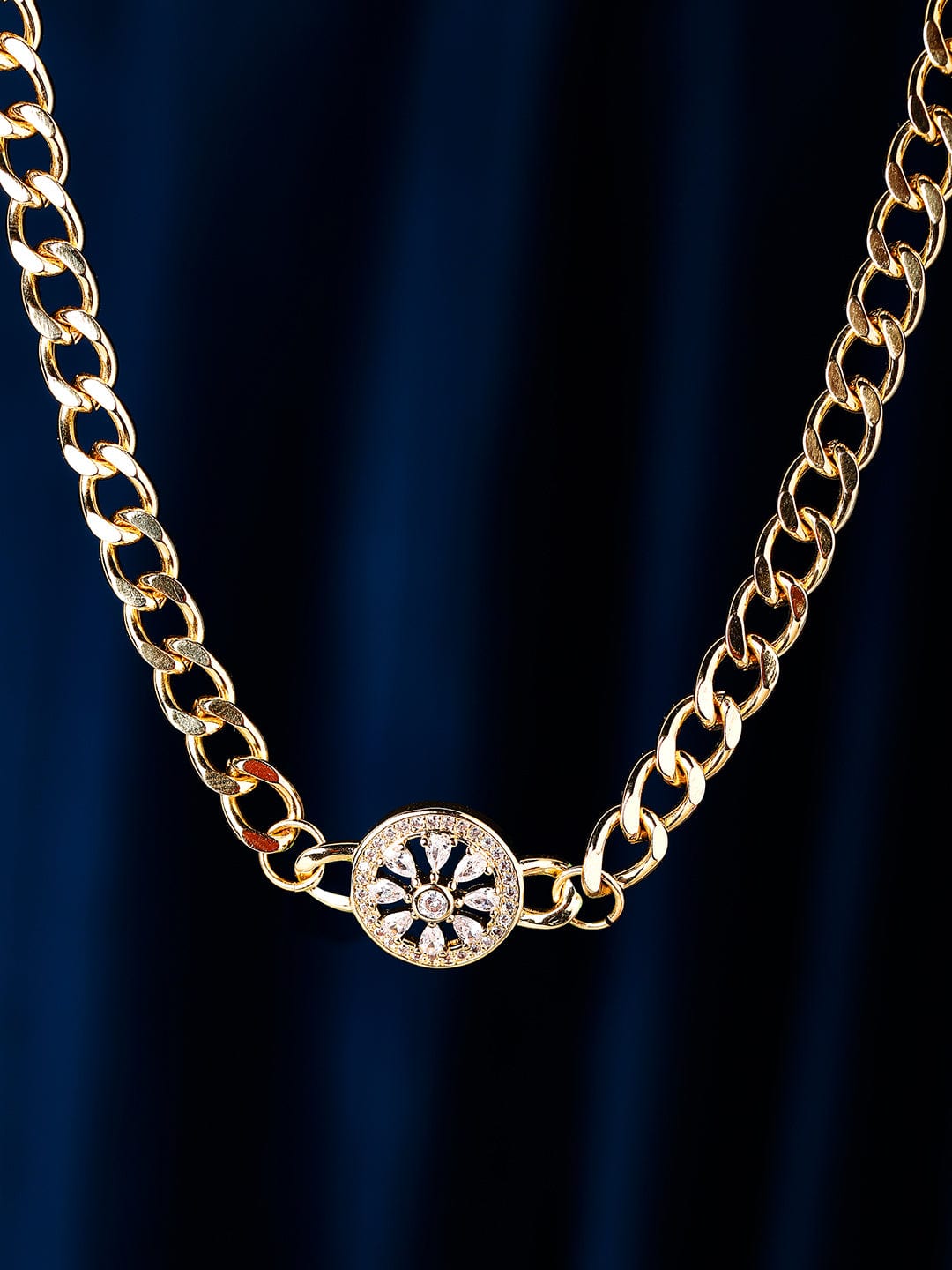 Rubans Voguish 24K Gold Plated Cuban Link Chain Necklace with CZ Studded Floral Pendant