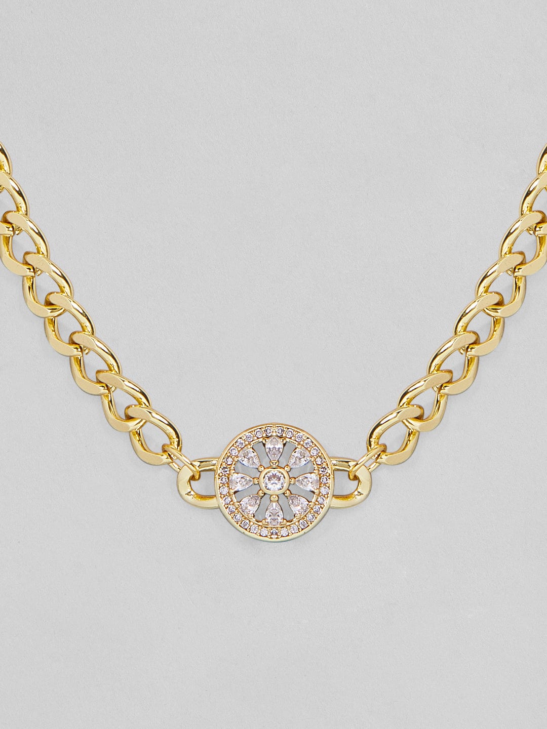 Rubans Voguish 24K Gold Plated Cuban Link Chain Necklace with CZ Studded Floral Pendant