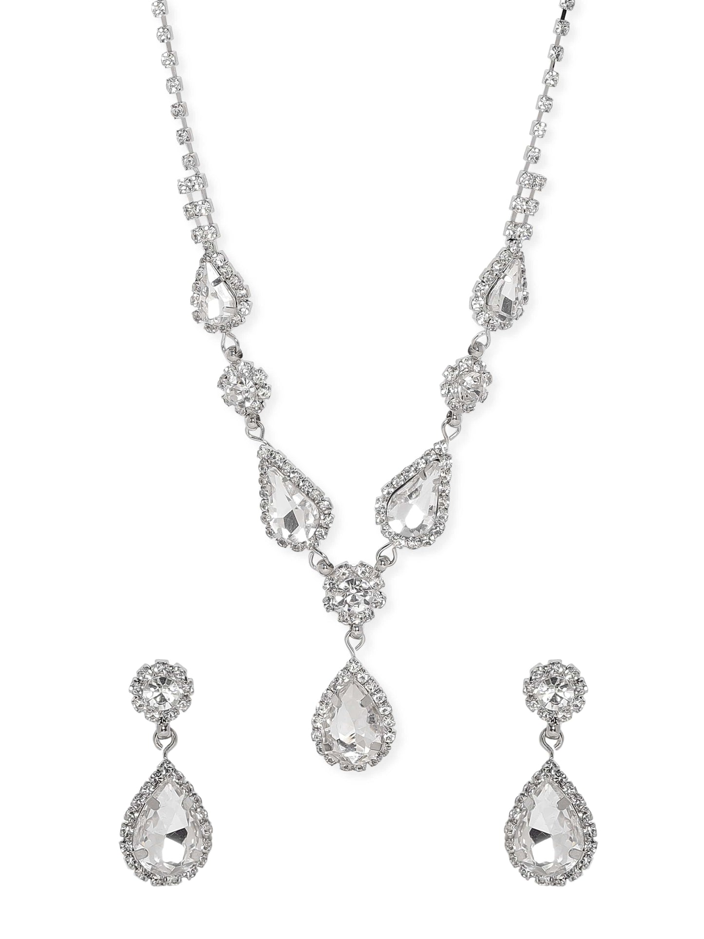 Rubans Voguish Rhodium Plated Crystal Studded Statement Pendant Necklace Set