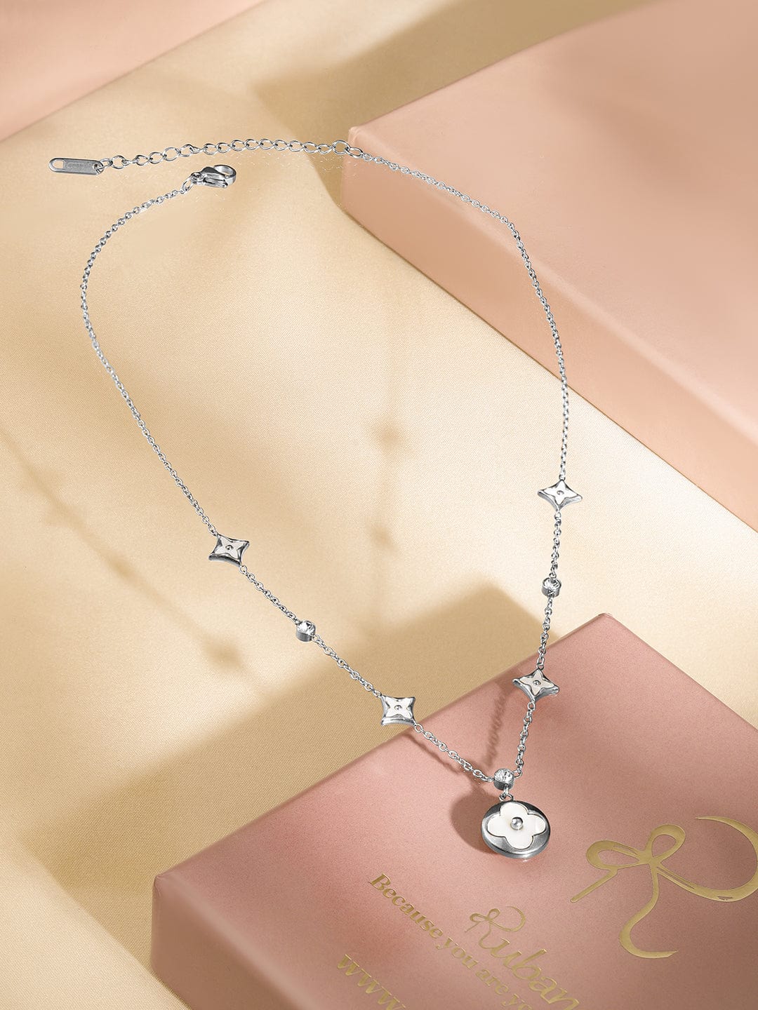 Rubans Voguish Rhodium-Plated Stainless Steel TarnishFree Waterproof Floral Charm Necklace
