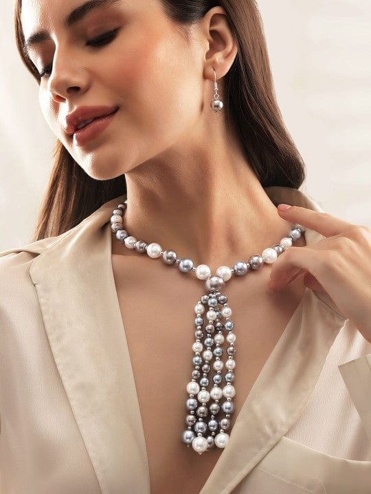 Silver-Plated Multi-Color Beaded Long Multi-Layer Statement Necklace Set