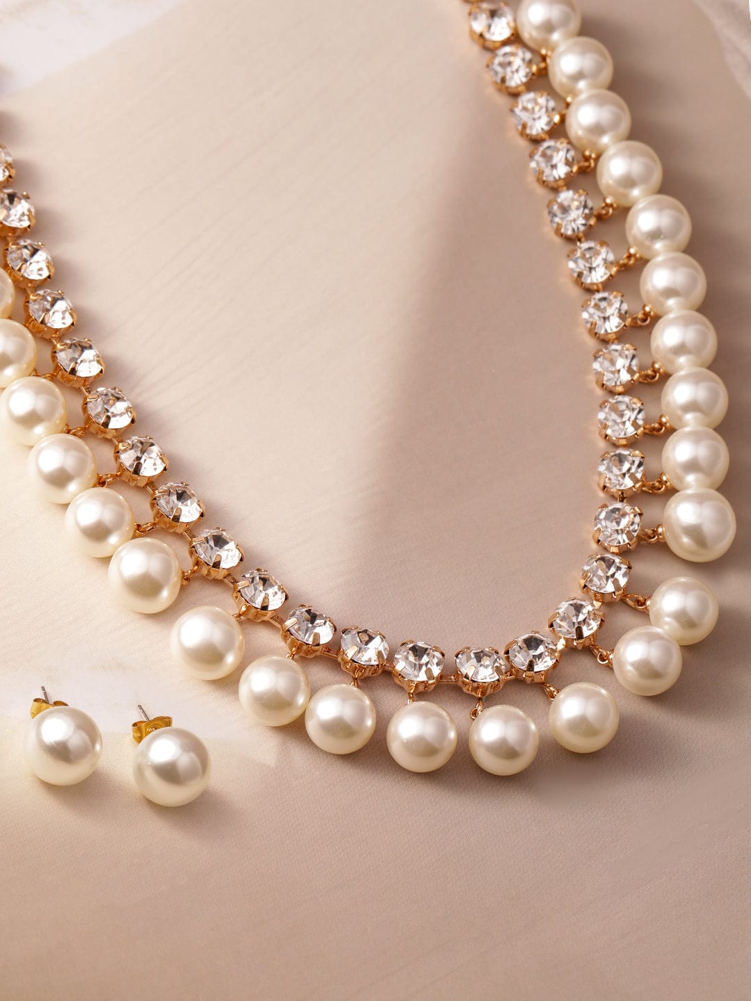 18K Gold Plated Luxurious Pearl & Zirconia Studded Statement Necklace Set