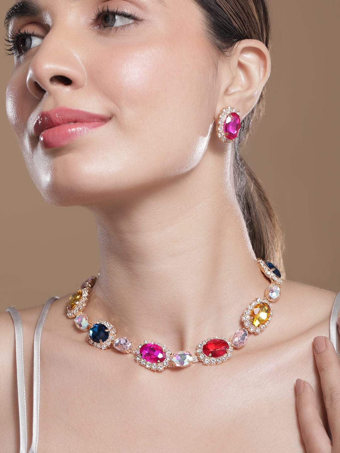 18K Gold Plated Multicolor Crystal AD & Zirconia Studded Statement Necklace Set