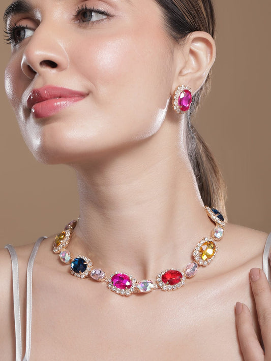 18K Gold Plated Multicolor Crystal AD & Zirconia Studded Statement Necklace Set