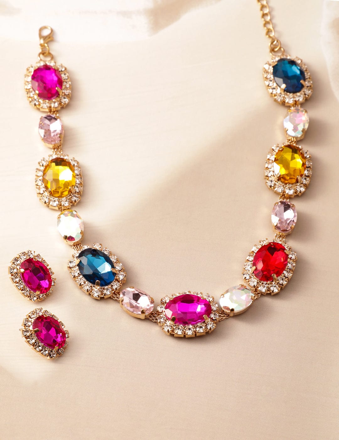 18K Gold Plated Multicolor Crystal AD & Zirconia Studded Statement Necklace Set