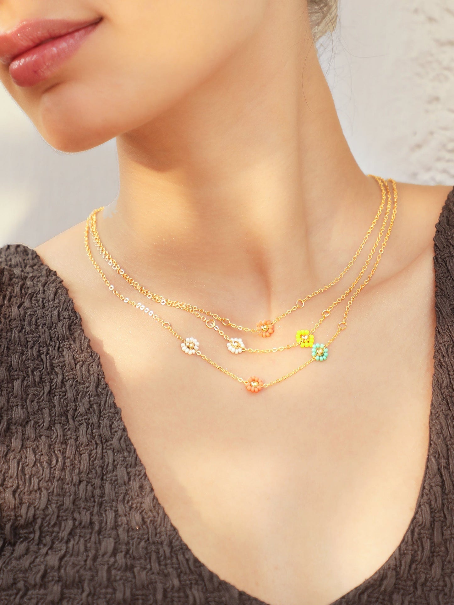 Rubans Voguish 18K Gold Plated Multicolour Floral Beaded Triple Layered Necklace