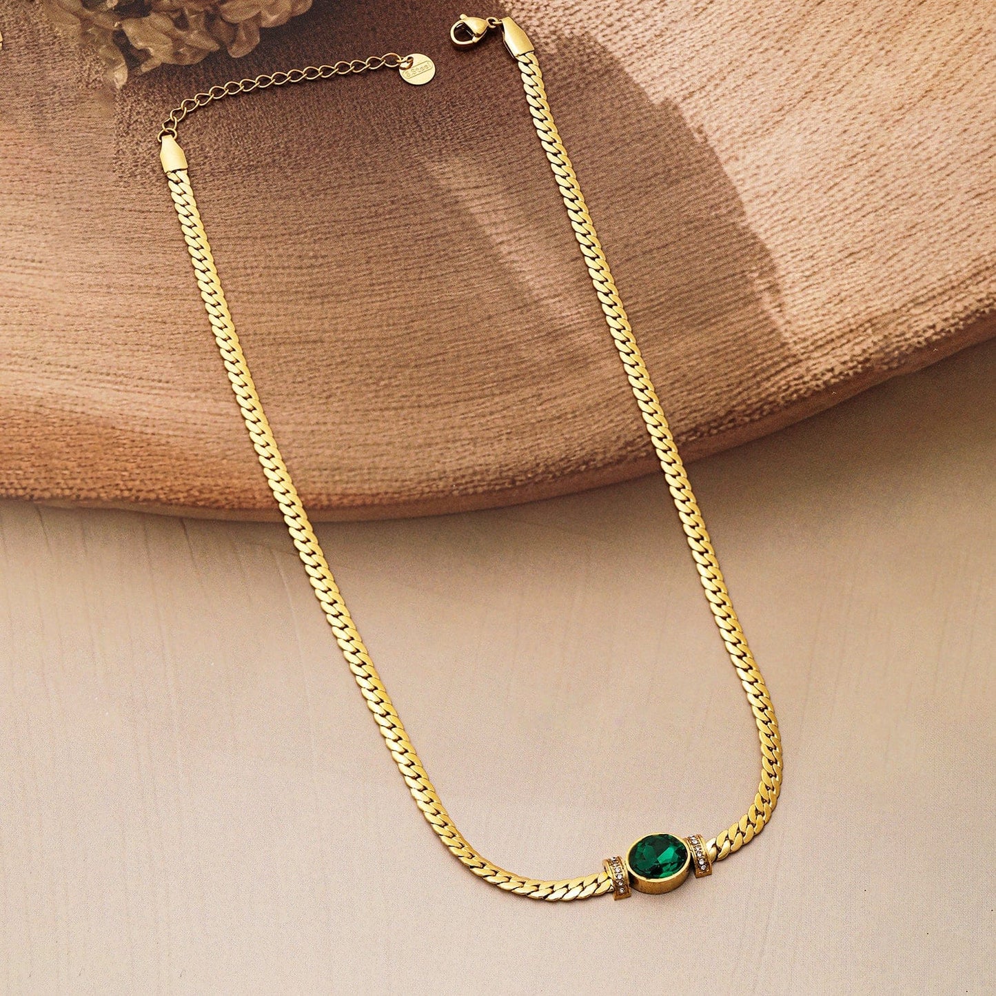 18K Gold Plated Stainless Steel Tarnish-Free Waterproof  Emerald CZ Studded Necklace