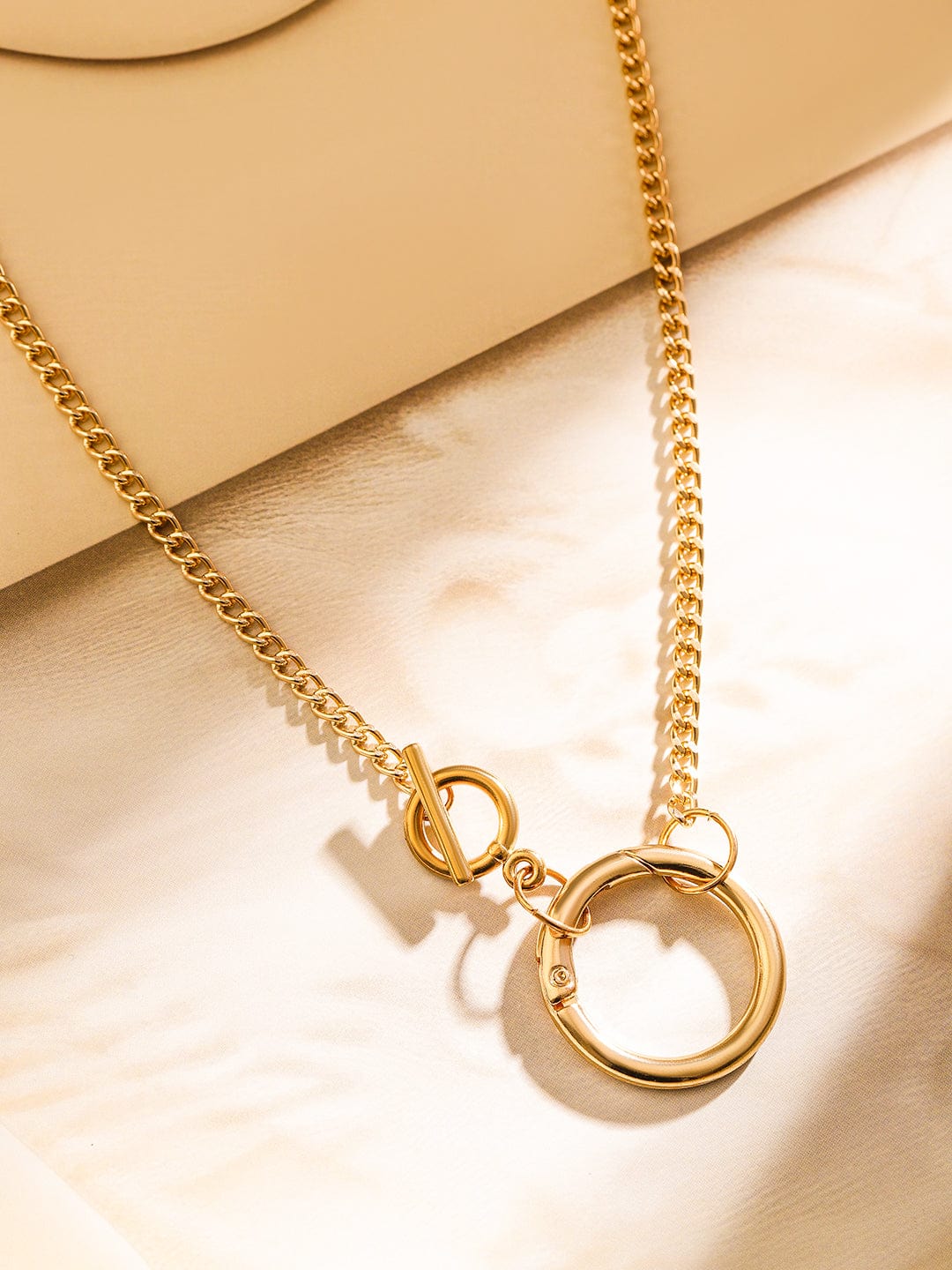 18K Gold Plated Statement Round Pendant Necklace with Toggle Clasp