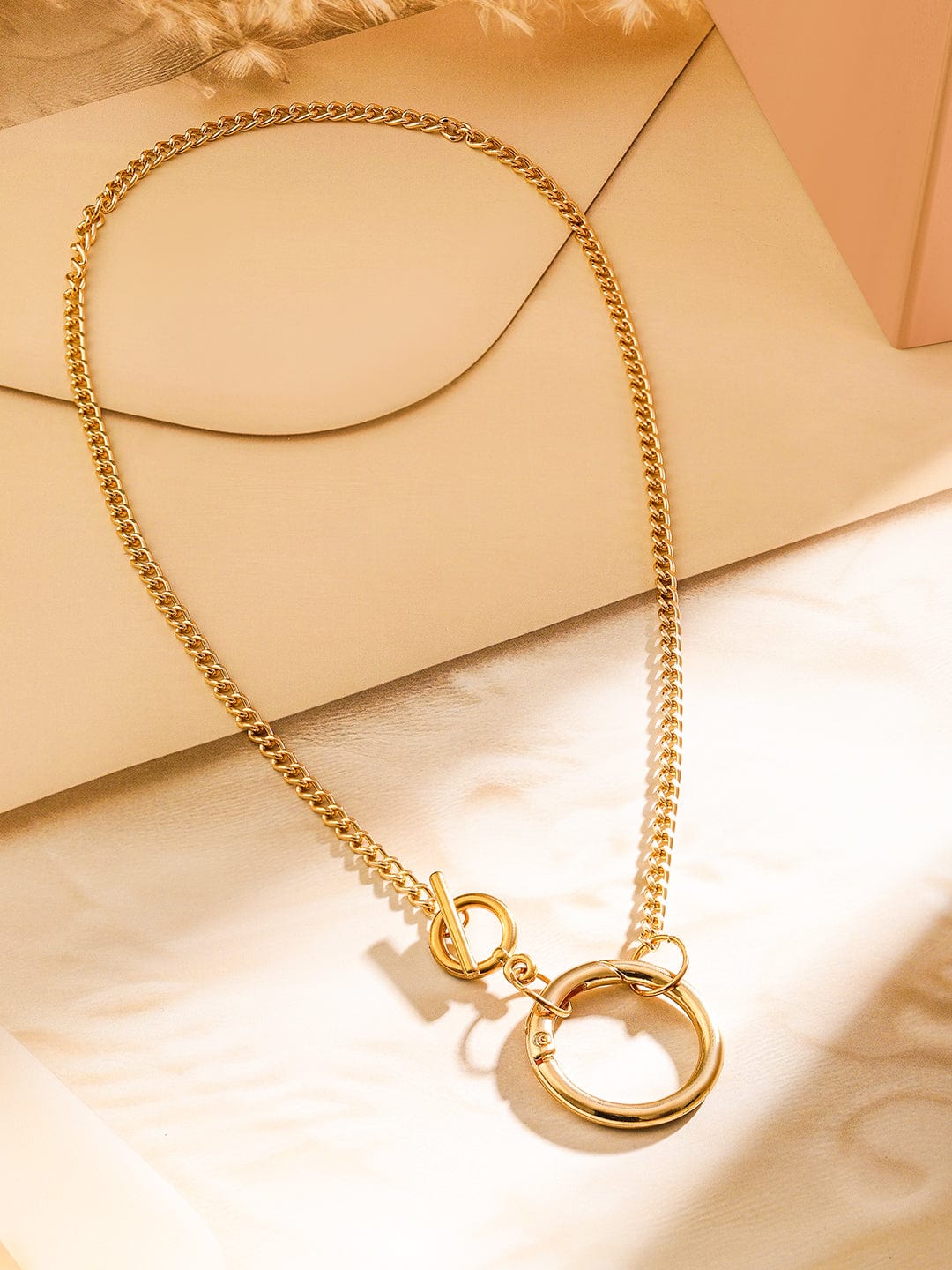 18K Gold Plated Statement Round Pendant Necklace with Toggle Clasp