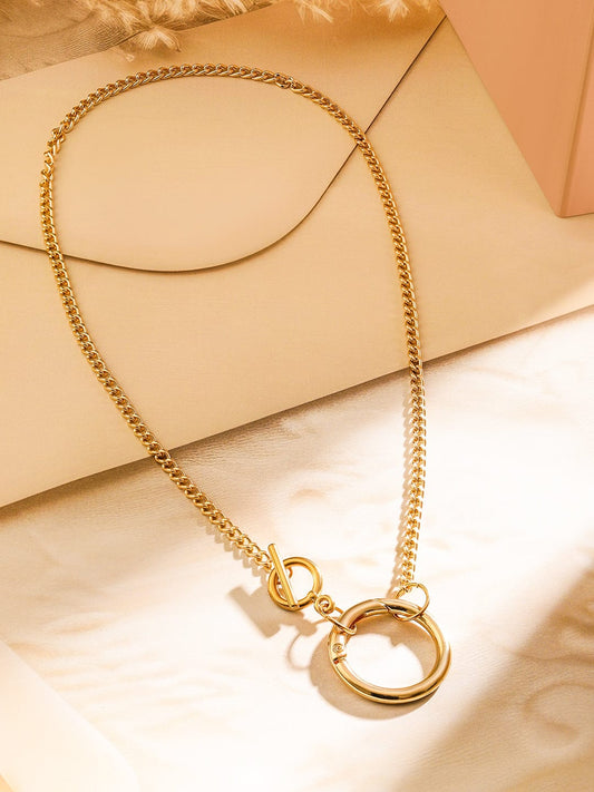 18K Gold Plated Statement Round Pendant Necklace with Toggle Clasp