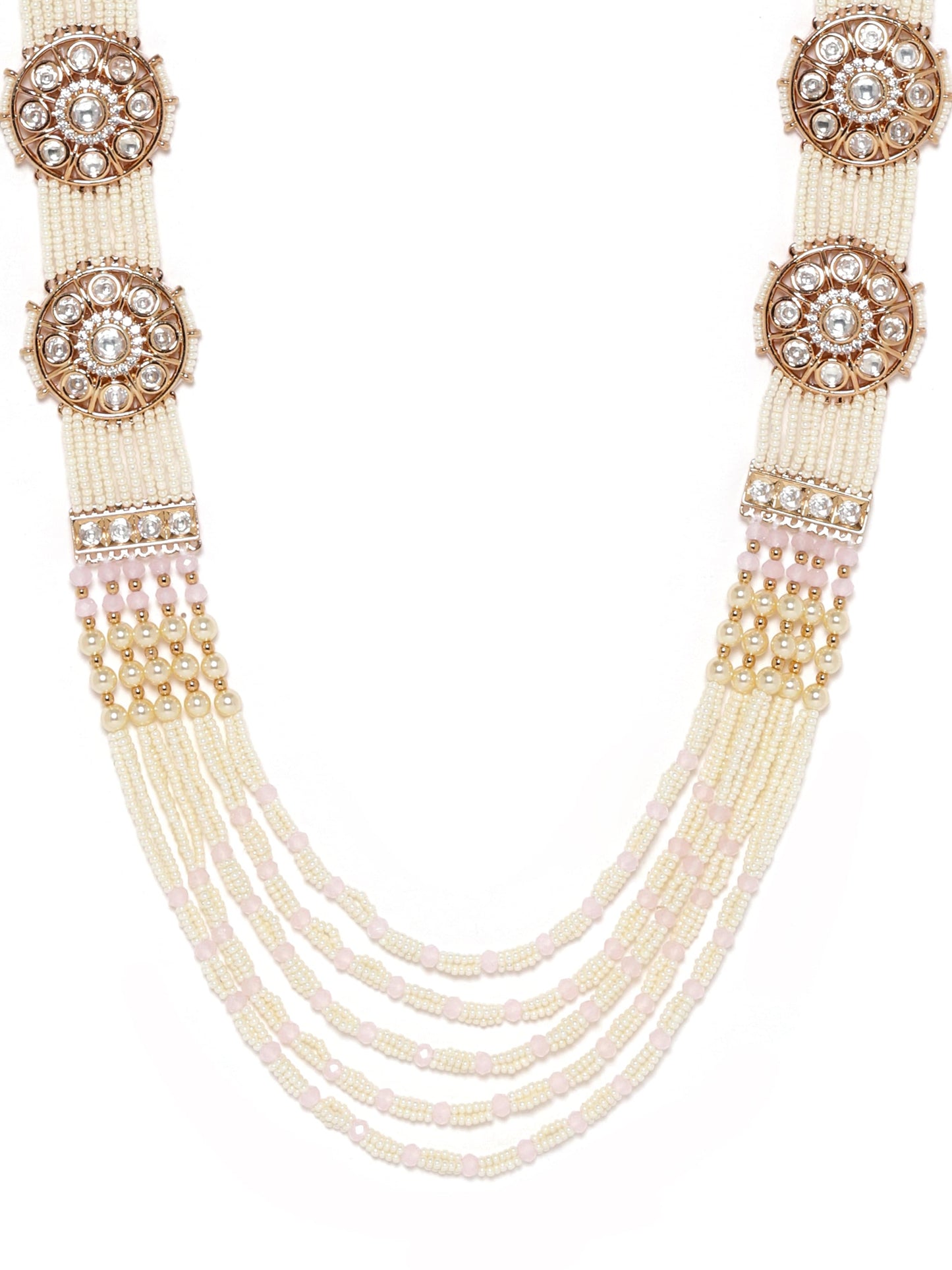 Rubans 24K Gold Plated Kundan Pearl & Cubic Zirconia Multi Layer Long Necklace