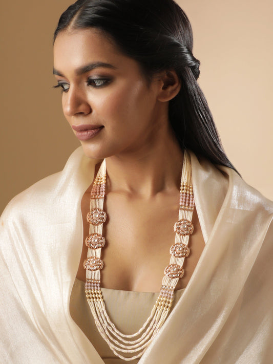 Rubans 24K Gold Plated Kundan Pearl & Cubic Zirconia Multi Layer Long Necklace