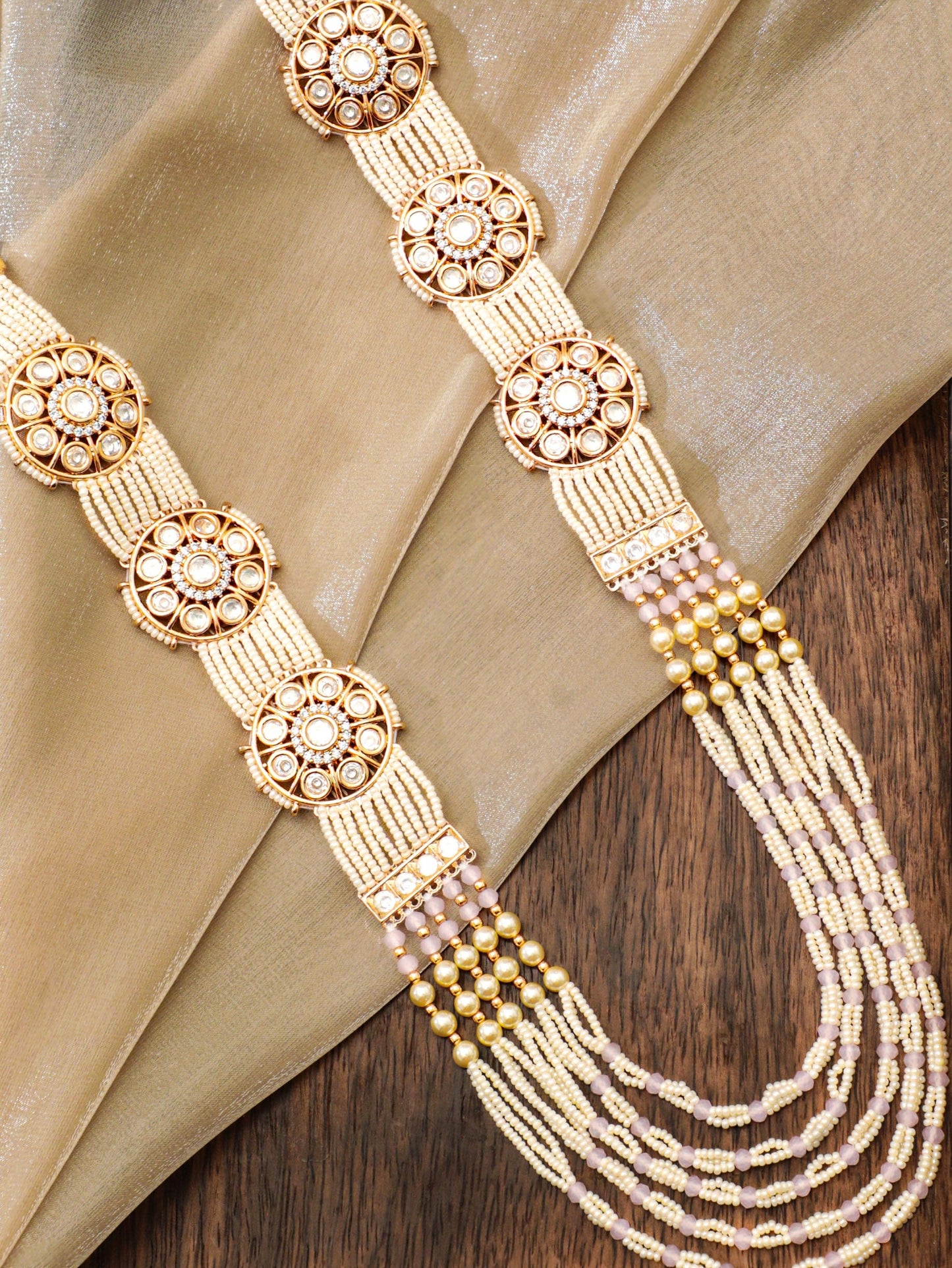 Rubans 24K Gold Plated Kundan Pearl & Cubic Zirconia Multi Layer Long Necklace