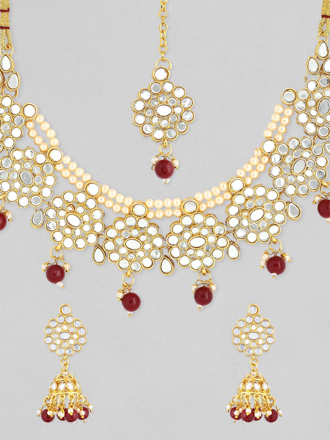 22K Gold-Plated Kundan-Studded Choker Necklace Set with Red Beads and Pearl Accents