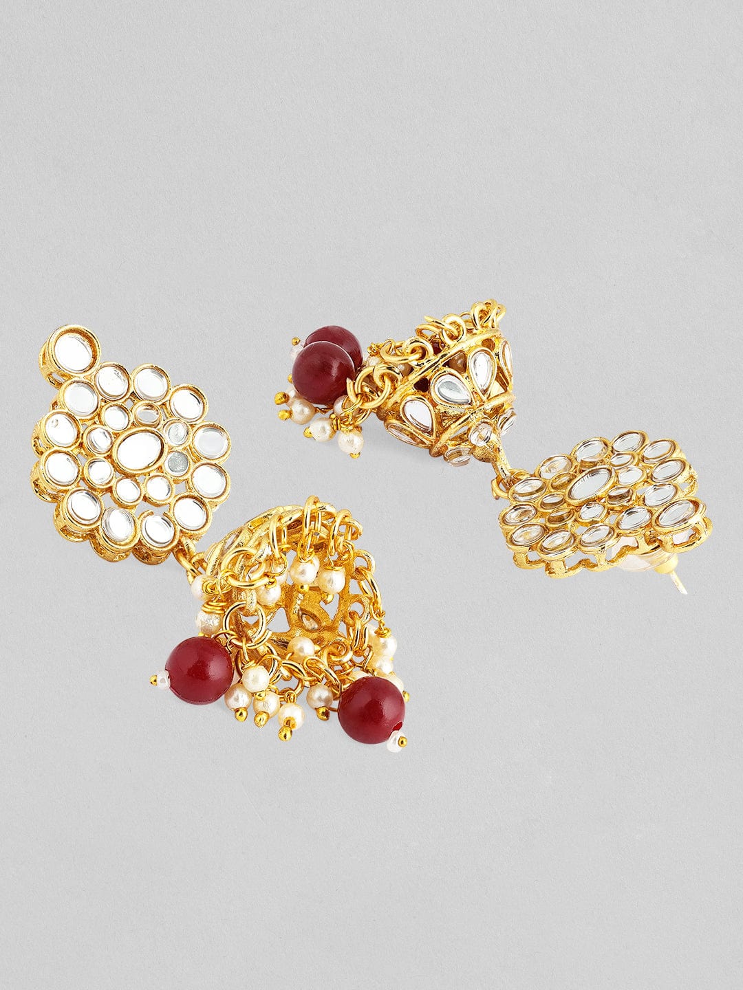 22K Gold-Plated Kundan-Studded Choker Necklace Set with Red Beads and Pearl Accents