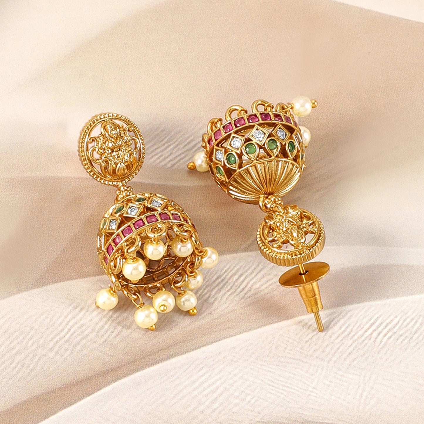 22K Gold-Plated Ruby, Emerald & CZ Studded Laxmi Temple Necklace Set with Pearl Drop