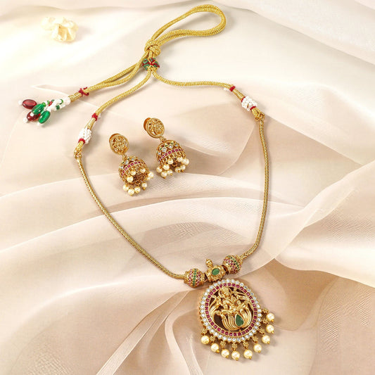 22K Gold-Plated Ruby, Emerald & CZ Studded Laxmi Temple Necklace Set with Pearl Drop