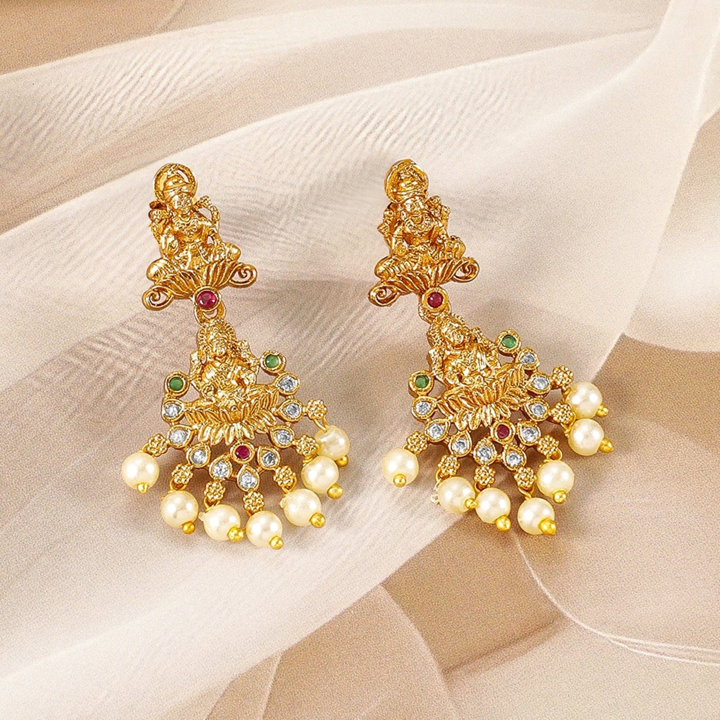 22K Gold-Plated Ruby, Emerald & CZ Studded Pearl Drops Lakshmi Temple Necklace Set