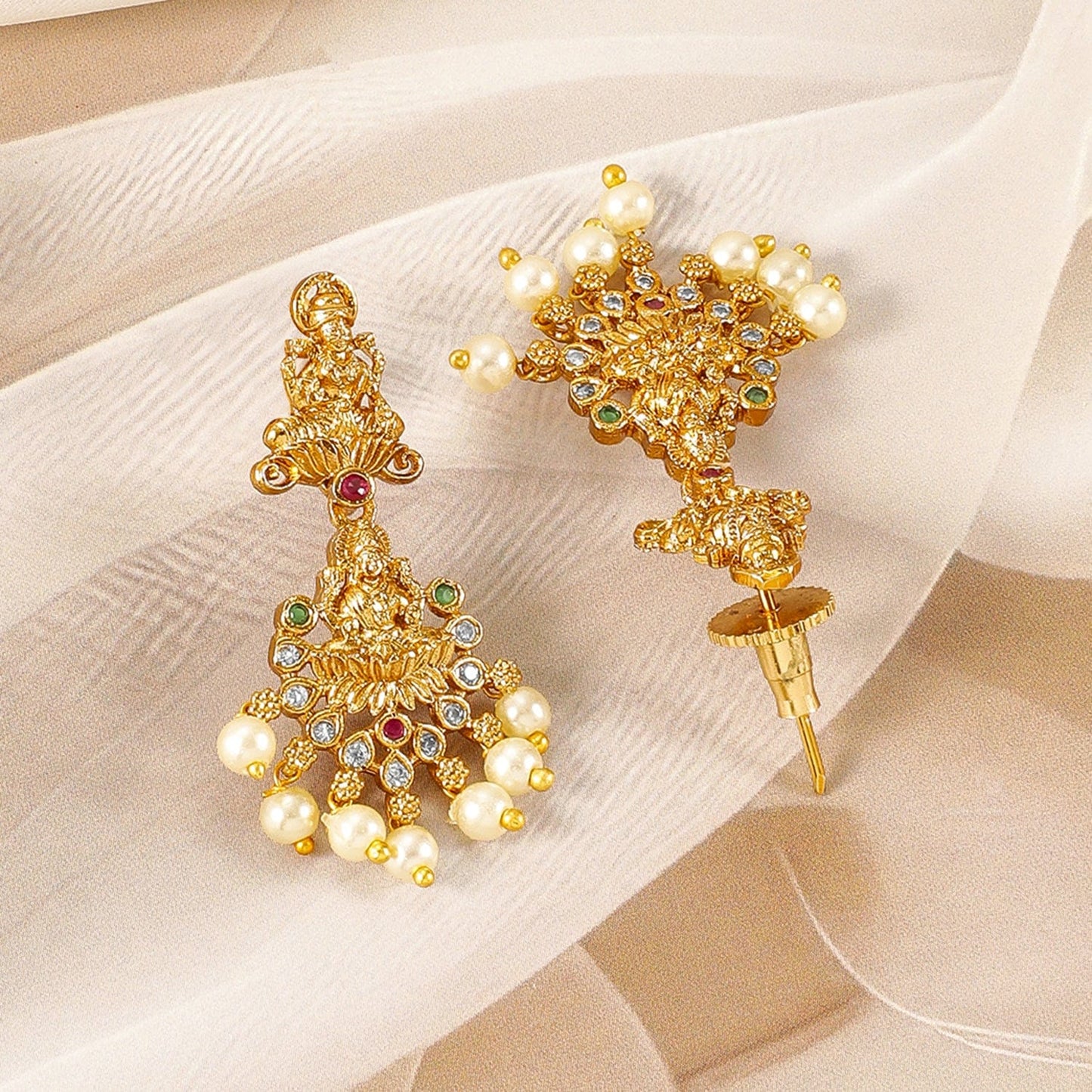 22K Gold-Plated Ruby, Emerald & CZ Studded Pearl Drops Lakshmi Temple Necklace Set