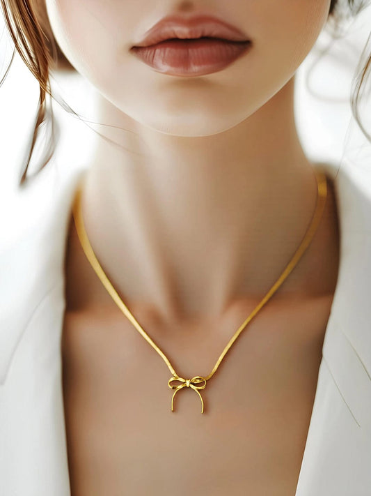 Rubans 22K Gold Plated Stainless Steel Tarnish-Free Waterproof Necklace with Minimal Bow Accent