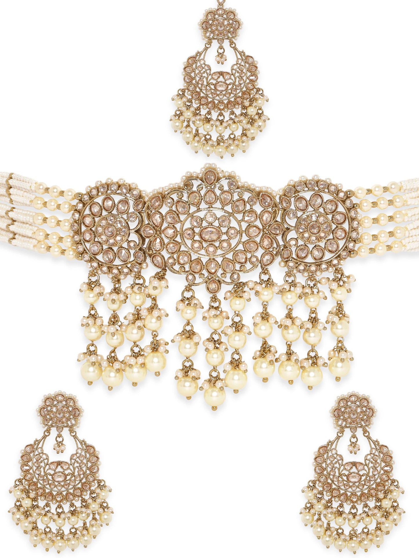 Rubans 22K Mehndi Gold plated Captivating Reverse AD & Kundan Choker Necklace set with Pearls Beads Accents