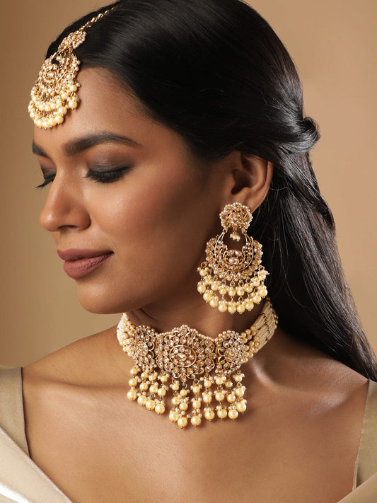 Rubans 22K Mehndi Gold plated Captivating Reverse AD & Kundan Choker Necklace set with Pearls Beads Accents