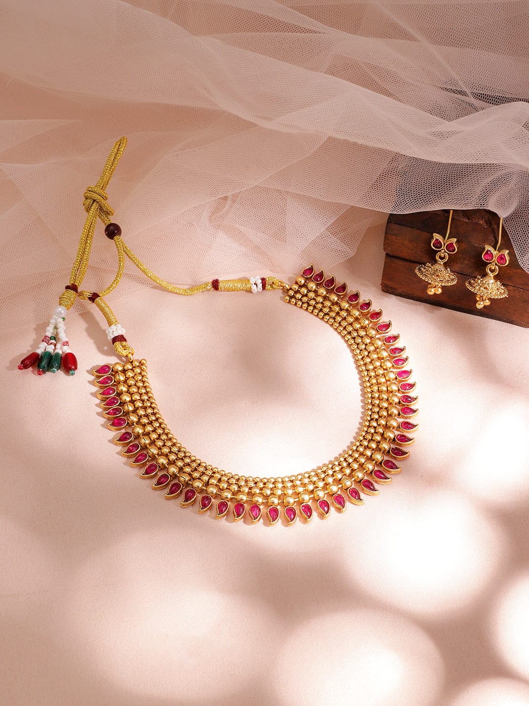 22KT Gold Plated Brass Red Stone Studded Necklace Set