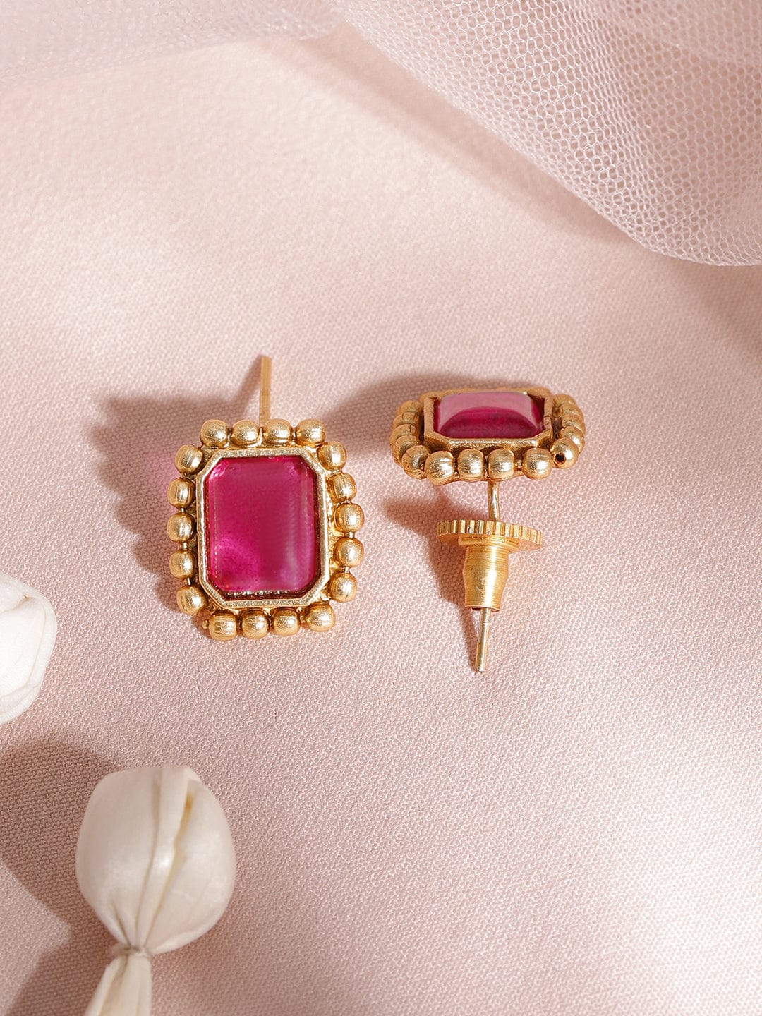 22KT Gold Plated Brass Ruby Stone Studded Intricate Necklace With Earrings Set