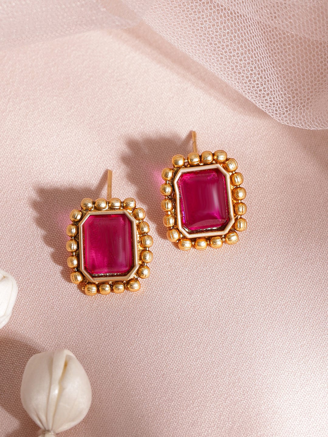 22KT Gold Plated Brass Ruby Stone Studded Intricate Necklace With Earrings Set