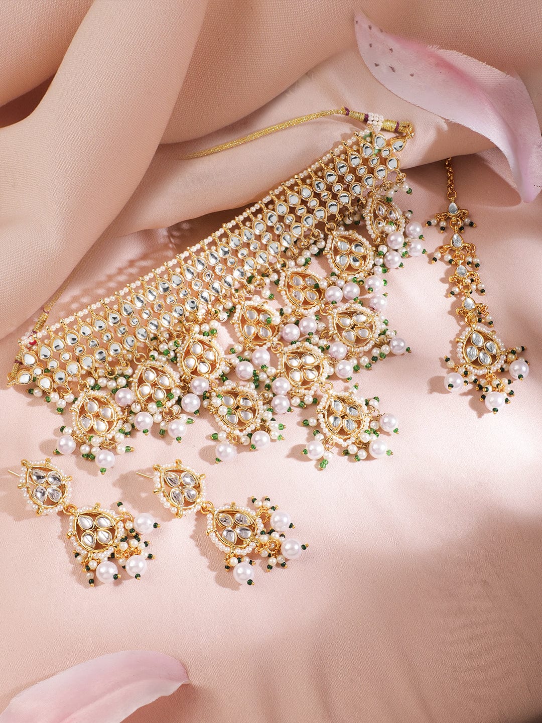 Rubans Women 22K Gold Plated Luxury Kundan Studded White Pear Beaded Choker Necklace Set