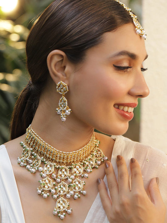 Rubans Women 22K Gold Plated Luxury Kundan Studded White Pear Beaded Choker Necklace Set