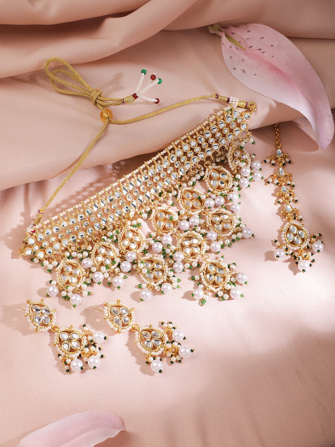 Rubans Women 22K Gold Plated Luxury Kundan Studded White Pear Beaded Choker Necklace Set