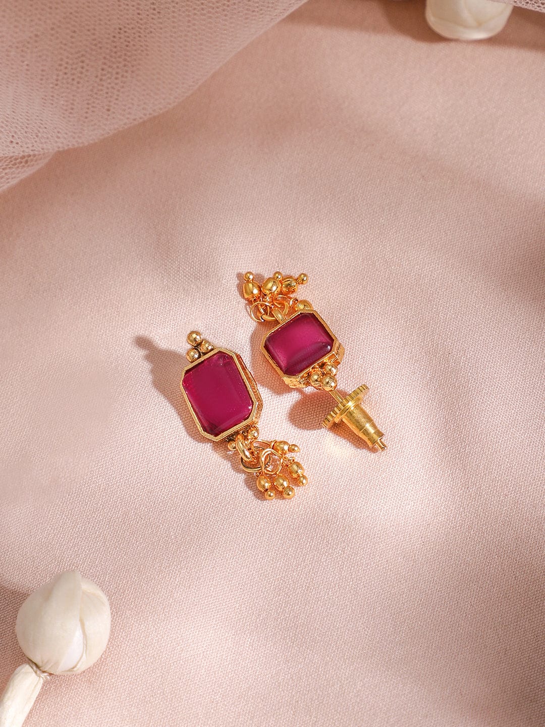22KT Gold Plated Ruby Stone Studded  Beaded Necklace And Earrings