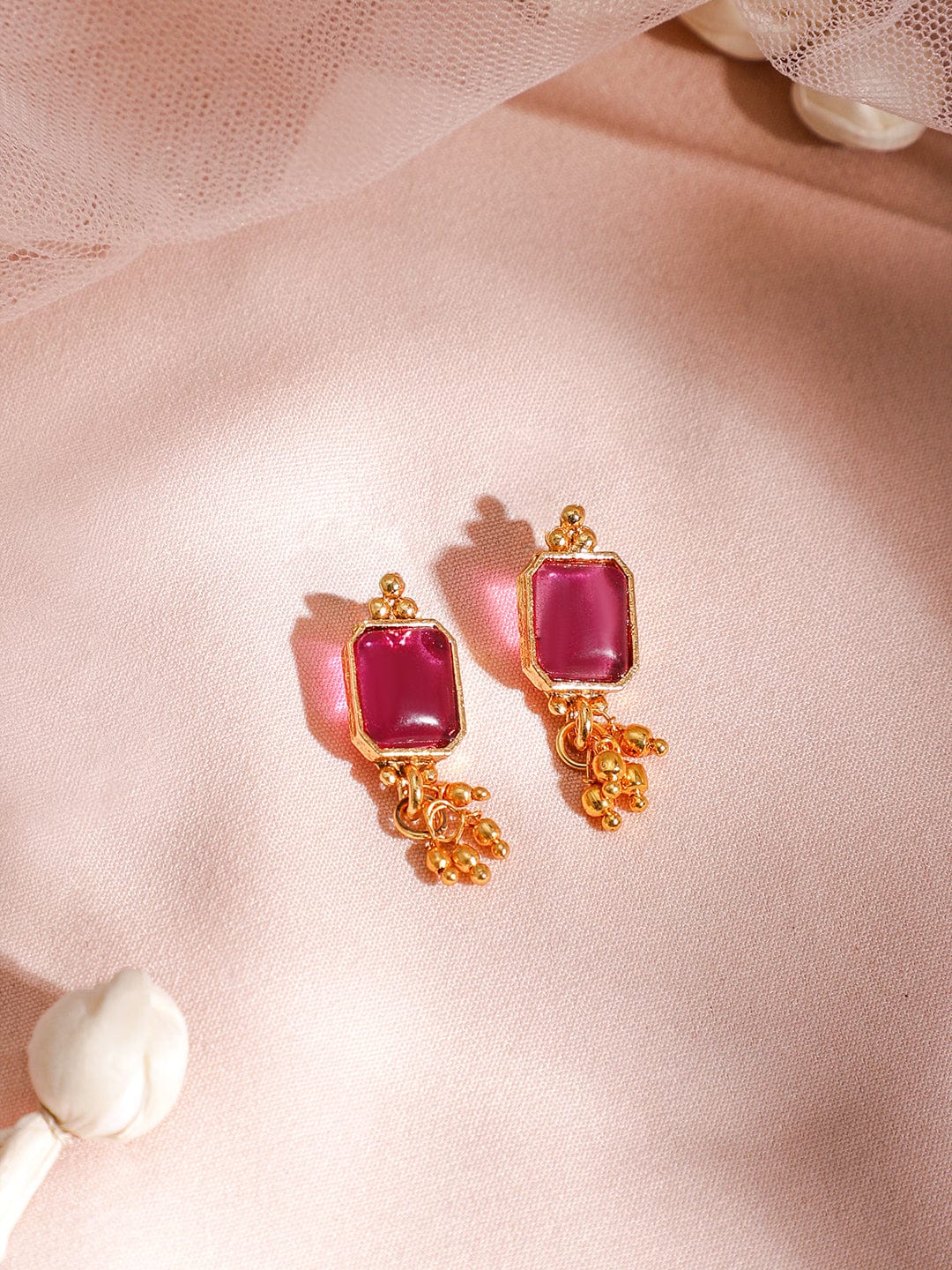 22KT Gold Plated Ruby Stone Studded  Beaded Necklace And Earrings