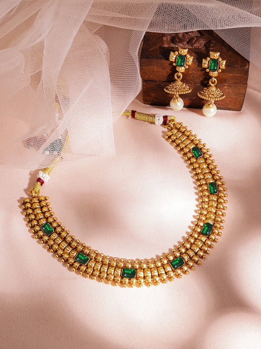 Rubans 22K Gold-Plated Emerald Stone Studded Necklace Set with Gold Beads and Pearl Drops