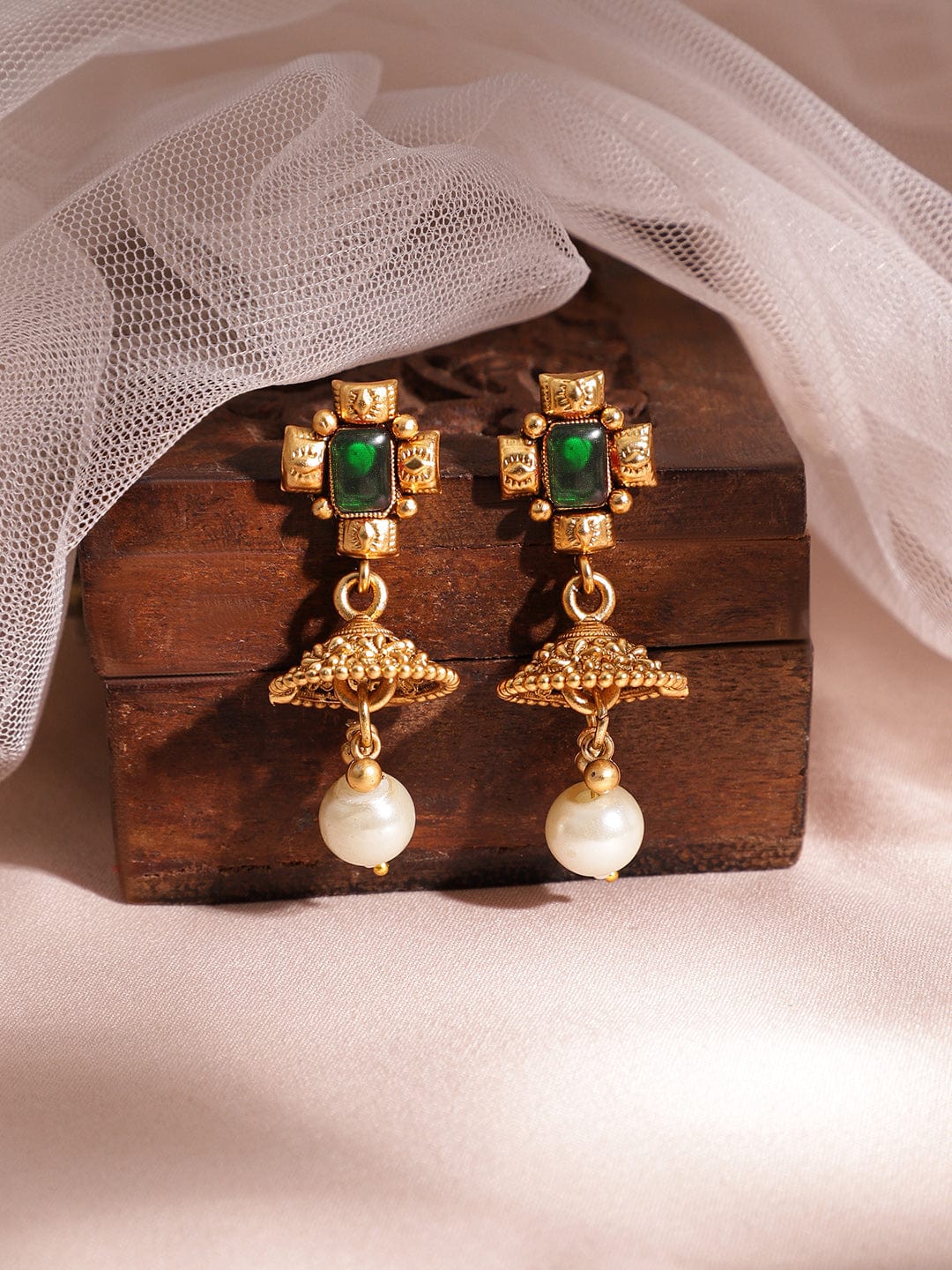 Rubans 22K Gold-Plated Emerald Stone Studded Necklace Set with Gold Beads and Pearl Drops